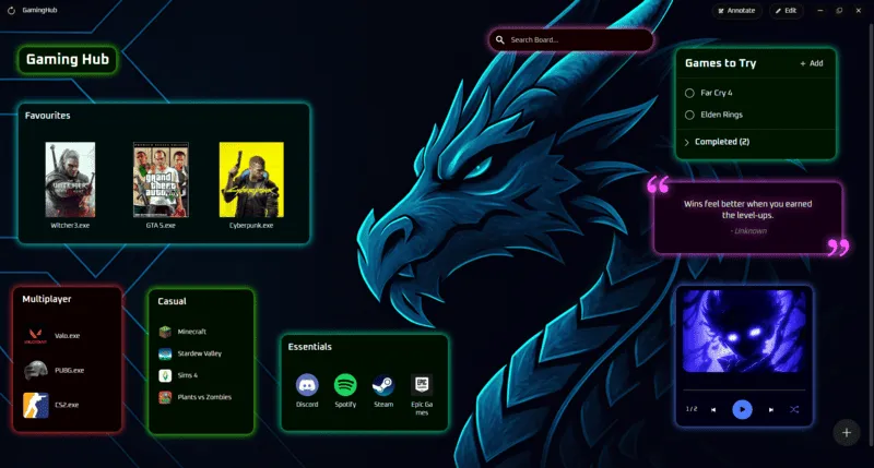 A board using the Neon theme, with dark glowing cards